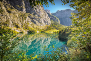 Obersee with view to Fischunkelalm, Salet am Königssee, Berchtesgadener Land, Berchtesgaden National Park, Upper Bavaria, Bavaria, Germany Obersee with view to Fischunkelalm, Salet am Königssee, Berchtesgadener Land, Berchtesgaden National Park, Upper Bavaria, Bavaria, Germany